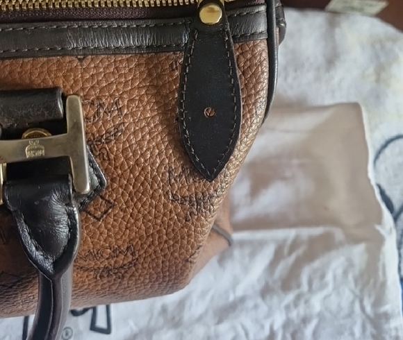 MCM Cognac Visetos Duffel Bag with Blue Stripe - Picture 6 of 16